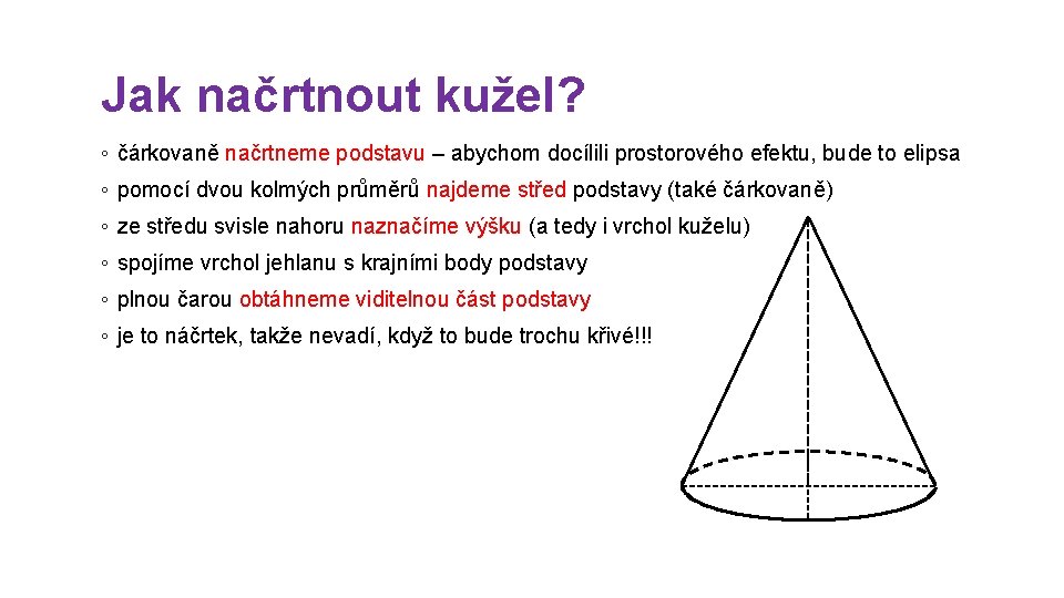 Jak načrtnout kužel? ◦ čárkovaně načrtneme podstavu – abychom docílili prostorového efektu, bude to