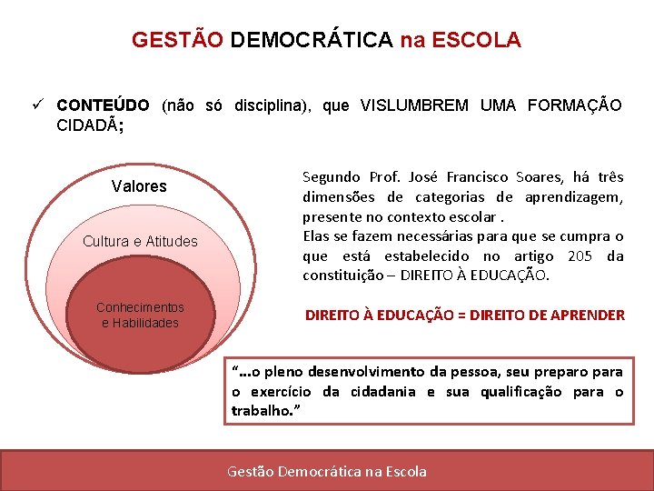 GESTÃO DEMOCRÁTICA na ESCOLA ü CONTEÚDO (não só disciplina), que VISLUMBREM UMA FORMAÇÃO CIDADÃ;