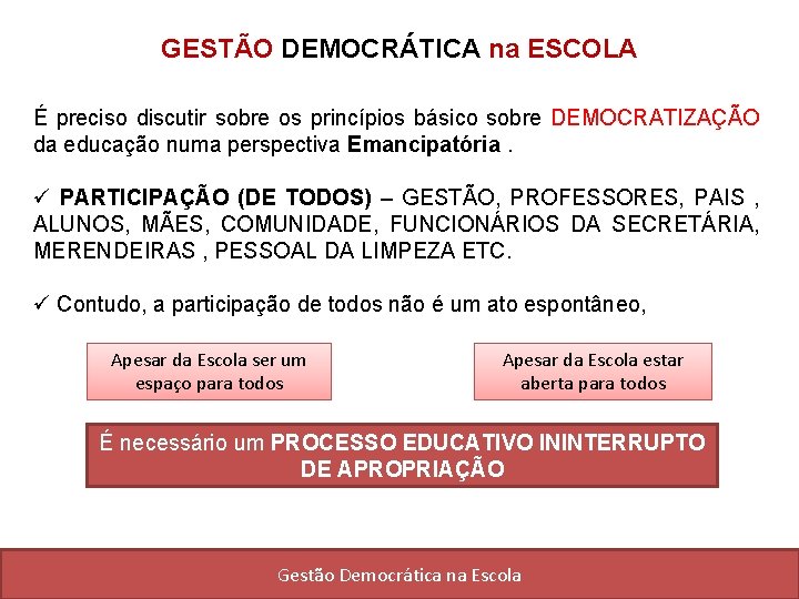 GESTÃO DEMOCRÁTICA na ESCOLA É preciso discutir sobre os princípios básico sobre DEMOCRATIZAÇÃO da