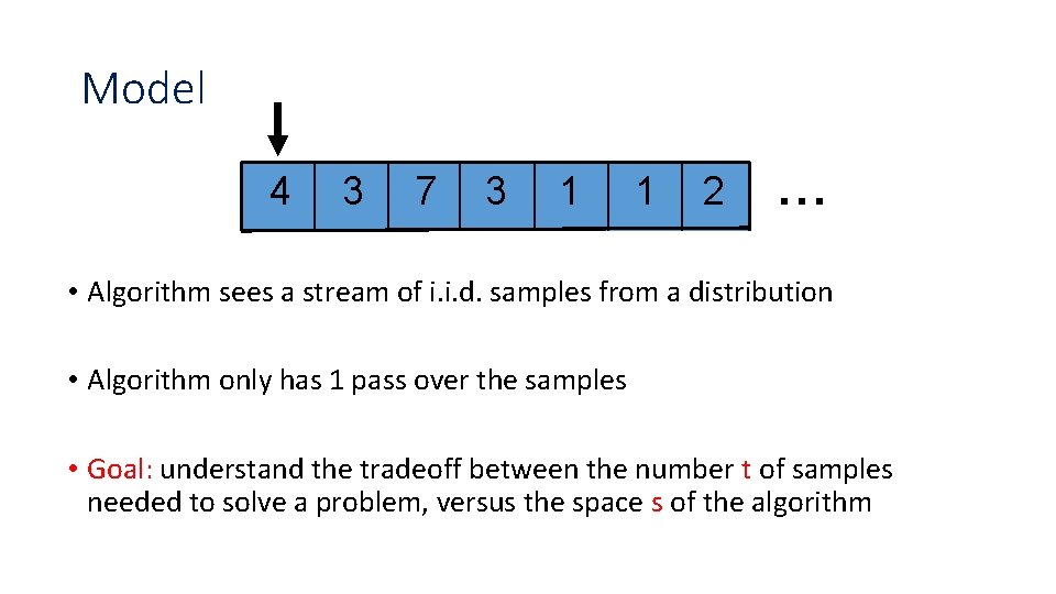 Model 4 3 7 3 1 1 2 … • Algorithm sees a stream