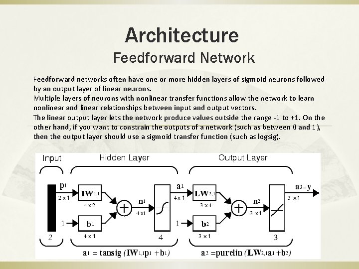 Architecture Feedforward Network Feedforward networks often have one or more hidden layers of sigmoid