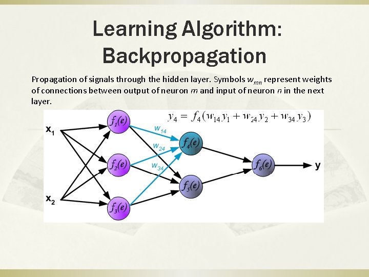 Learning Algorithm: Backpropagation Propagation of signals through the hidden layer. Symbols wmn represent weights