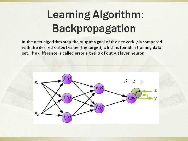 Learning Algorithm: Backpropagation In the next algorithm step the output signal of the network