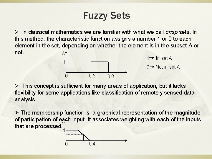 Fuzzy Sets Ø In classical mathematics we are familiar with what we call crisp