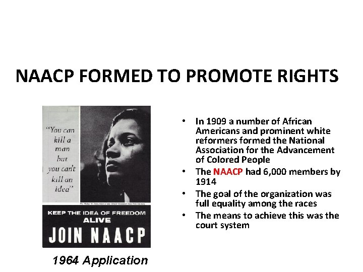 NAACP FORMED TO PROMOTE RIGHTS • In 1909 a number of African Americans and