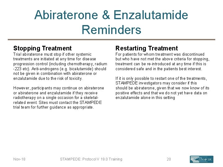 Abiraterone & Enzalutamide Reminders Stopping Treatment Restarting Treatment Trial abiraterone must stop if other