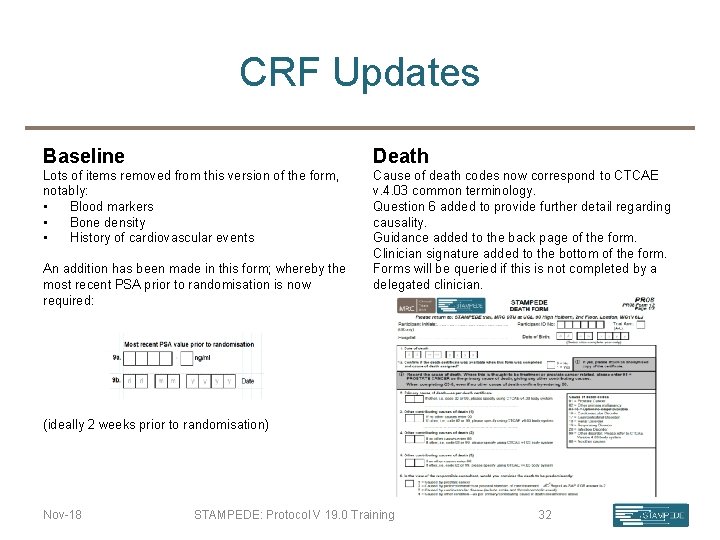 CRF Updates Baseline Death Lots of items removed from this version of the form,