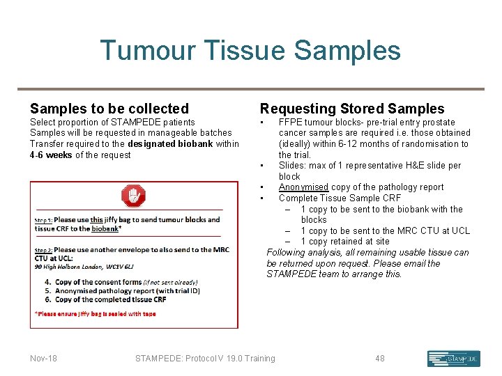Tumour Tissue Samples to be collected Requesting Stored Samples Select proportion of STAMPEDE patients