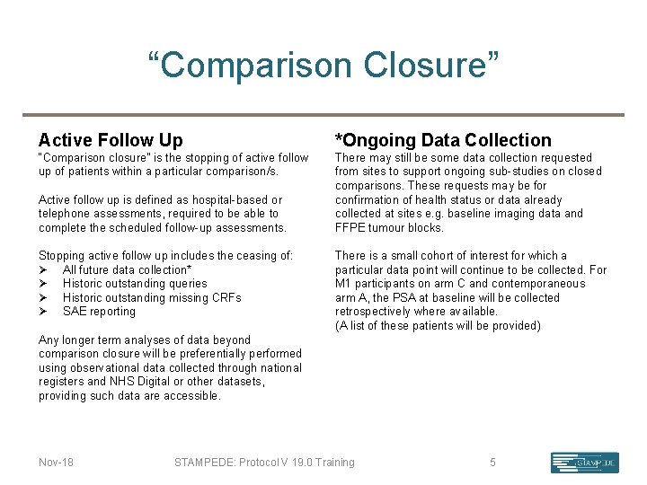 “Comparison Closure” Active Follow Up *Ongoing Data Collection “Comparison closure” is the stopping of