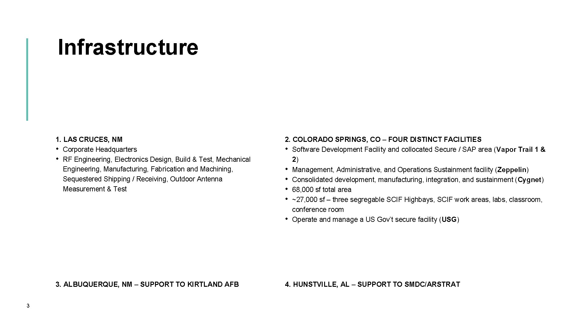 Infrastructure 3 1. LAS CRUCES, NM • Corporate Headquarters • RF Engineering, Electronics Design, Infrastructure 3 1. LAS CRUCES, NM • Corporate Headquarters • RF Engineering, Electronics Design,