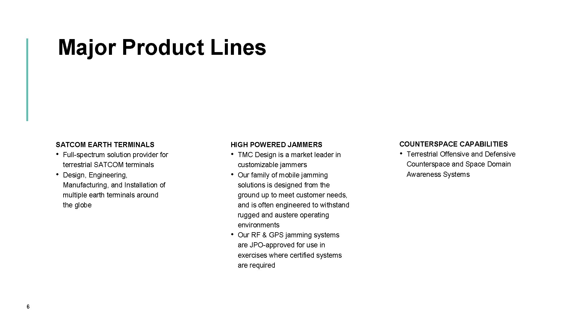Major Product Lines SATCOM EARTH TERMINALS • Full-spectrum solution provider for terrestrial SATCOM terminals Major Product Lines SATCOM EARTH TERMINALS • Full-spectrum solution provider for terrestrial SATCOM terminals