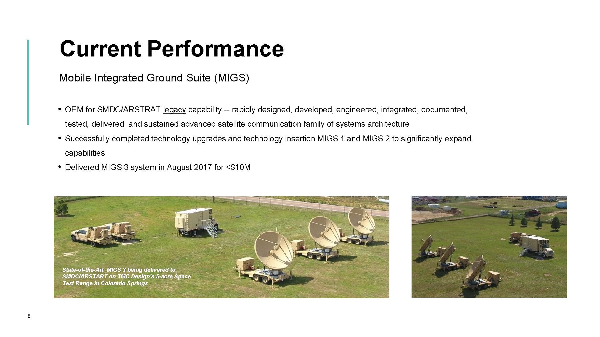 Current Performance Mobile Integrated Ground Suite (MIGS) • OEM for SMDC/ARSTRAT legacy capability -- Current Performance Mobile Integrated Ground Suite (MIGS) • OEM for SMDC/ARSTRAT legacy capability --