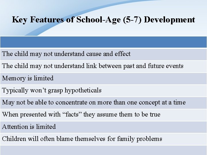 Key Features of School-Age (5 -7) Development The child may not understand cause and