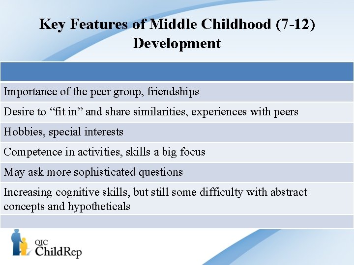 Key Features of Middle Childhood (7 -12) Development Importance of the peer group, friendships