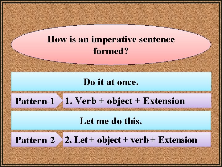 How is an imperative sentence formed? Do it at once. Pattern-1 1. Verb + How is an imperative sentence formed? Do it at once. Pattern-1 1. Verb +