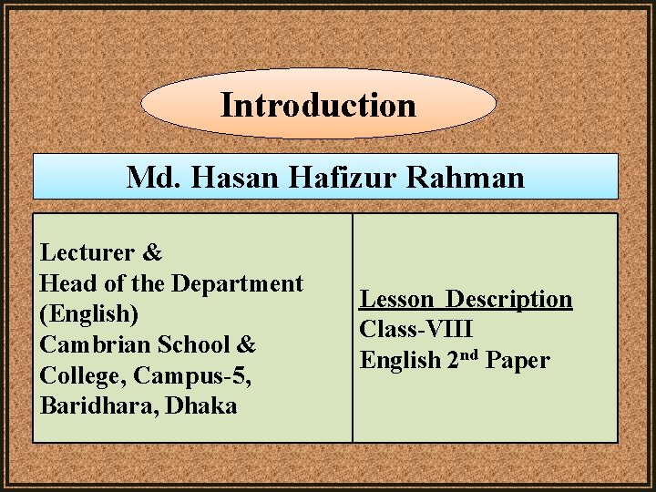 Introduction Md. Hasan Hafizur Rahman Lecturer & Head of the Department (English) Cambrian School
