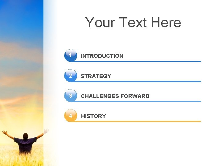Your Text Here 1 INTRODUCTION 2 STRATEGY 3 CHALLENGES FORWARD 4 HISTORY 