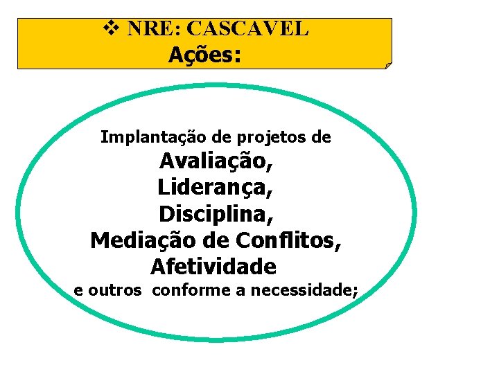 v NRE: CASCAVEL Ações: Implantação de projetos de Avaliação, Liderança, Disciplina, Mediação de Conflitos,