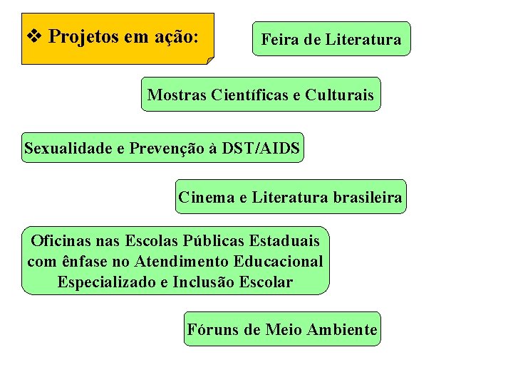 v Projetos em ação: Feira de Literatura Mostras Científicas e Culturais Sexualidade e Prevenção