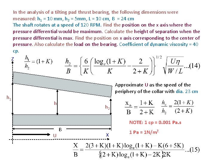 In the analysis of a tilting pad thrust bearing, the following dimensions were measured: