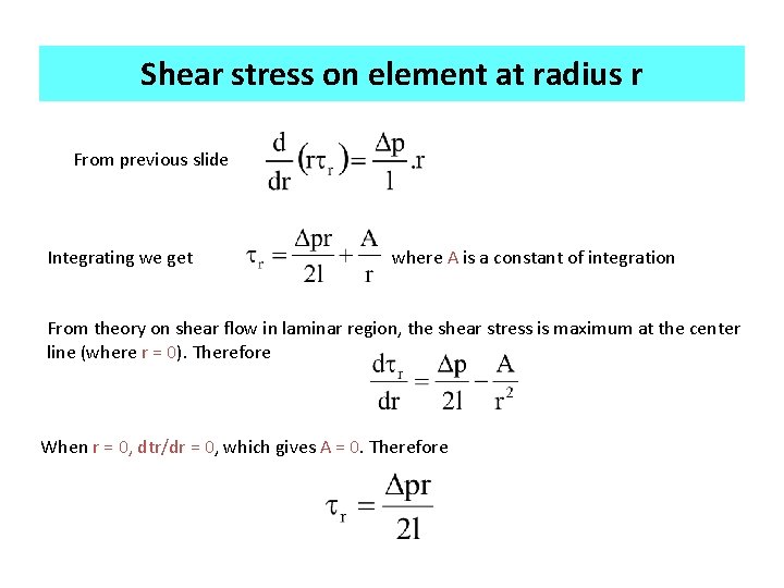 Shear stress on element at radius r From previous slide Integrating we get where