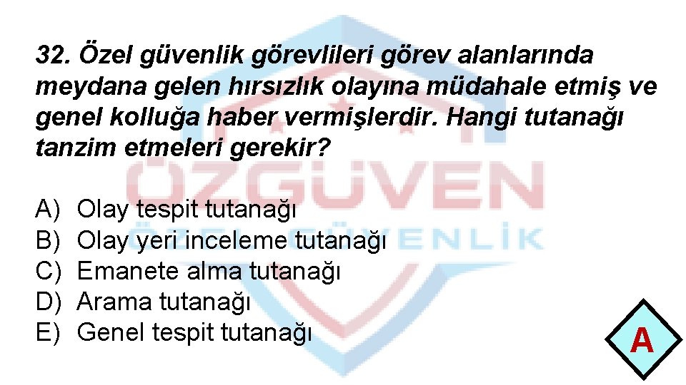 32. Özel güvenlik görevlileri görev alanlarında meydana gelen hırsızlık olayına müdahale etmiş ve genel