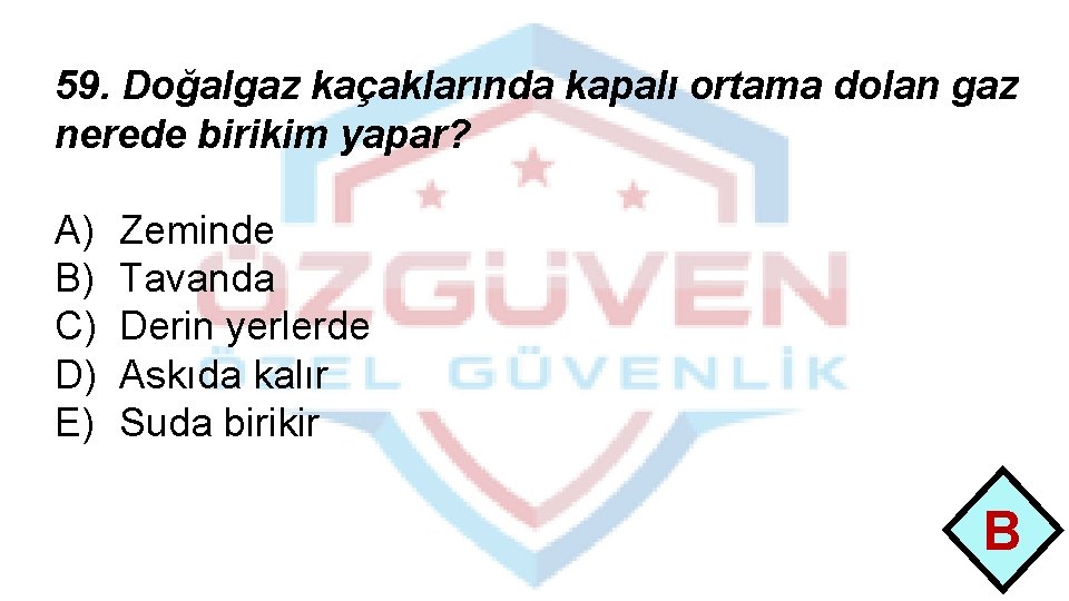 59. Doğalgaz kaçaklarında kapalı ortama dolan gaz nerede birikim yapar? A) B) C) D)