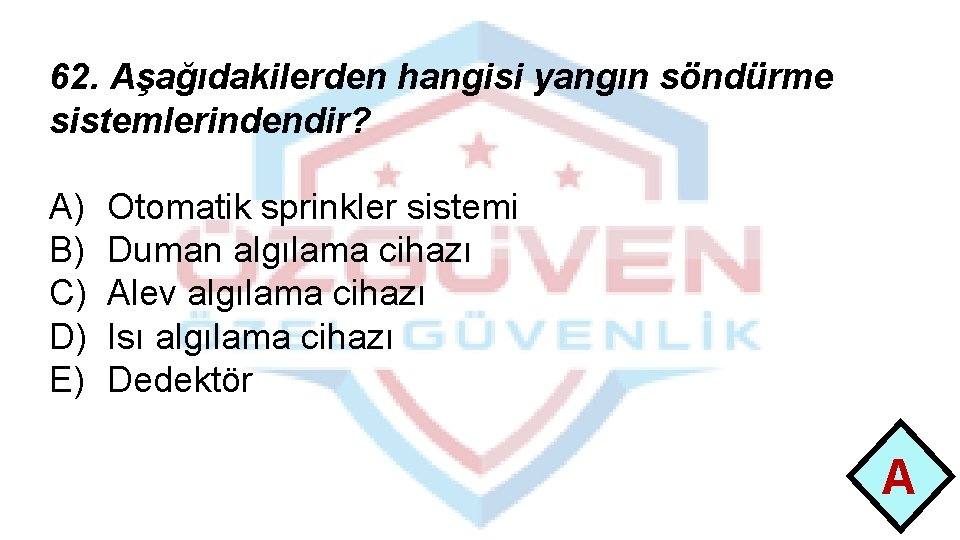 62. Aşağıdakilerden hangisi yangın söndürme sistemlerindendir? A) B) C) D) E) Otomatik sprinkler sistemi