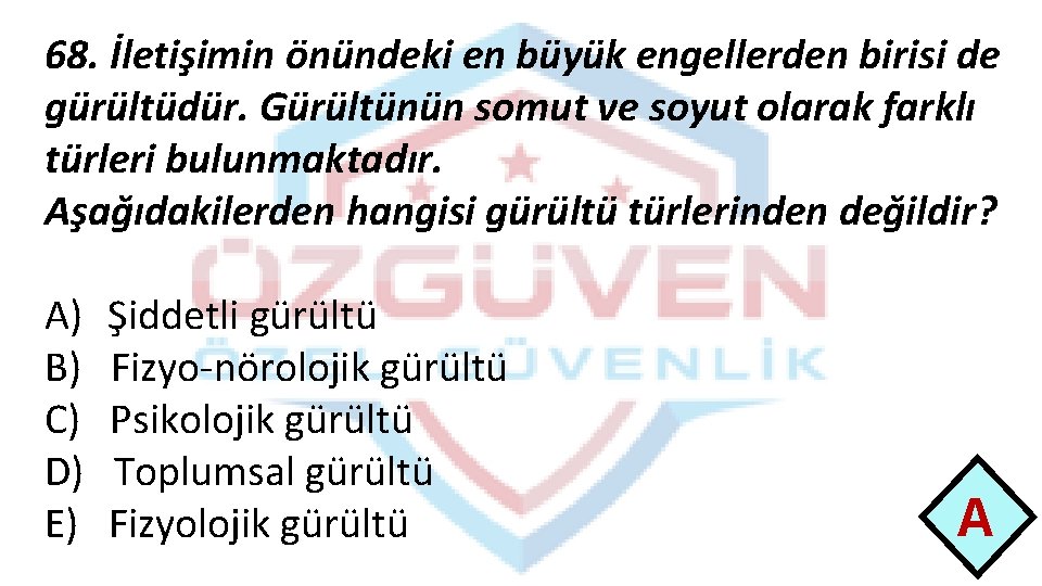 68. İletişimin önündeki en büyük engellerden birisi de gürültüdür. Gürültünün somut ve soyut olarak