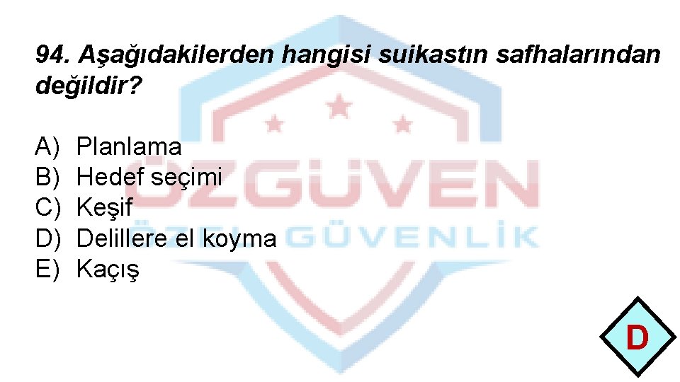 94. Aşağıdakilerden hangisi suikastın safhalarından değildir? A) B) C) D) E) Planlama Hedef seçimi