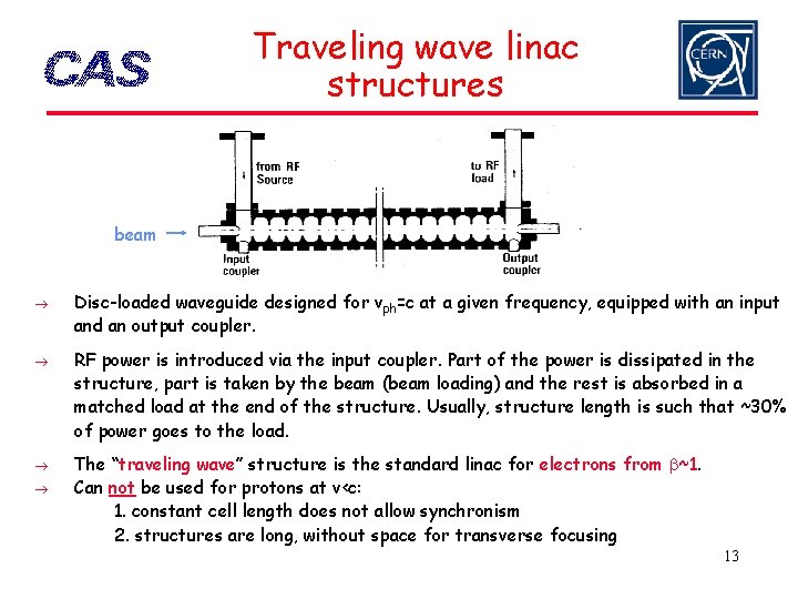 Traveling wave linac structures beam Disc-loaded waveguide designed for vph=c at a given frequency,