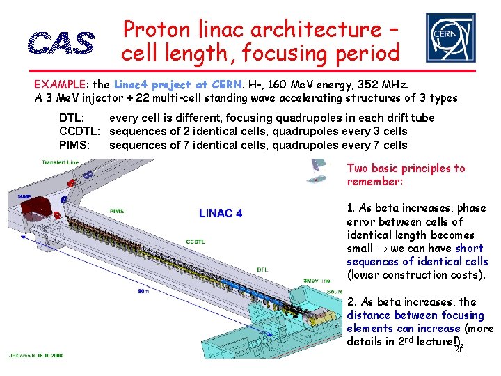 Proton linac architecture – cell length, focusing period EXAMPLE: the Linac 4 project at