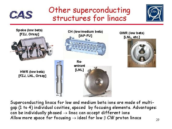 Other superconducting structures for linacs Spoke (low beta) [FZJ, Orsay] HWR (low beta) [FZJ,