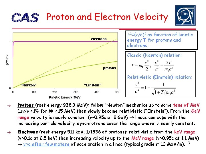 Proton and Electron Velocity electrons b 2=(v/c)2 as function of kinetic energy T for