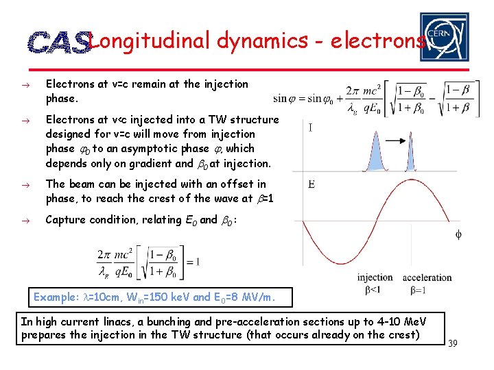 Longitudinal dynamics - electrons Electrons at v=c remain at the injection phase. Electrons at