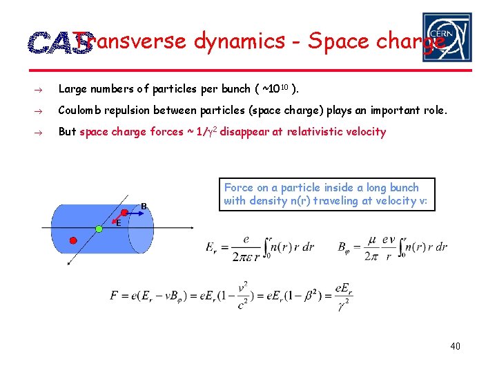 Transverse dynamics - Space charge Large numbers of particles per bunch ( ~1010 ).