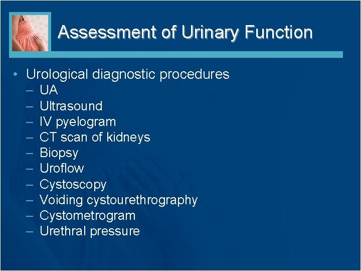 Assessment of Urinary Function • Urological diagnostic procedures – – – – – UA