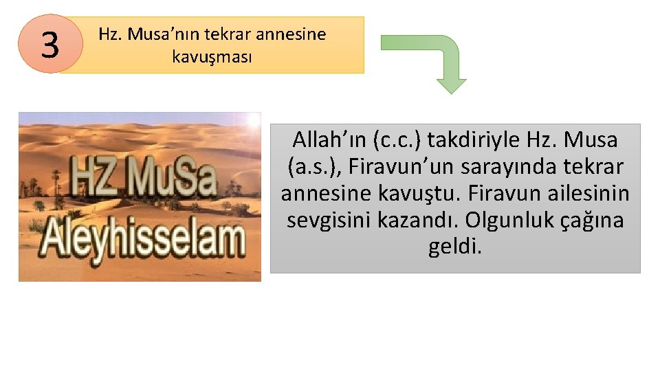 3 Hz. Musa’nın tekrar annesine kavuşması Allah’ın (c. c. ) takdiriyle Hz. Musa (a.