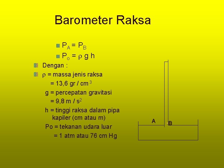 Barometer Raksa PA = P B Po = g h Dengan : = massa
