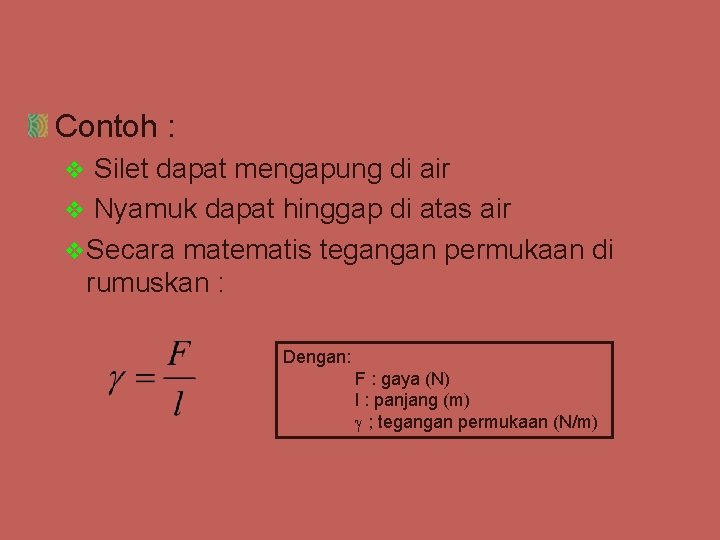 Contoh : Silet dapat mengapung di air v Nyamuk dapat hinggap di atas air