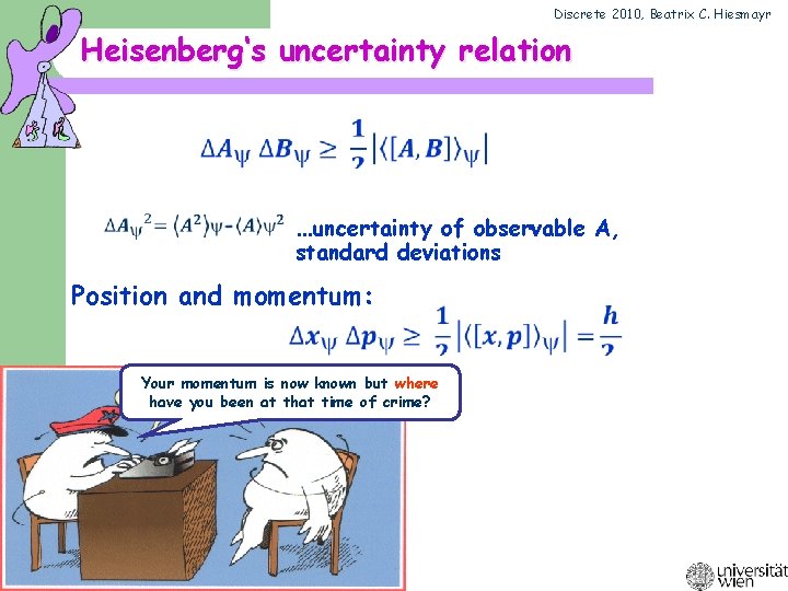 Discrete 2010, Beatrix C. Hiesmayr Heisenberg‘s uncertainty relation …uncertainty of observable A, standard deviations