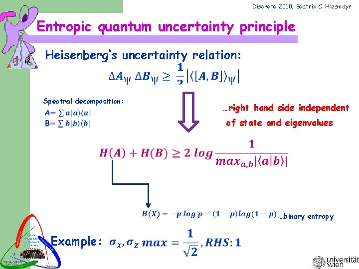 Discrete 2010, Beatrix C. Hiesmayr Entropic quantum uncertainty principle Heisenberg‘s uncertainty relation: Spectral decomposition: