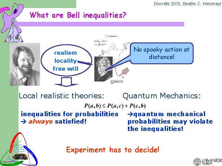 Discrete 2010, Beatrix C. Hiesmayr What are Bell inequalities? realism locality free will Local