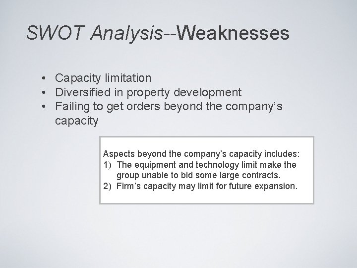 SWOT Analysis--Weaknesses • Capacity limitation • Diversified in property development • Failing to get