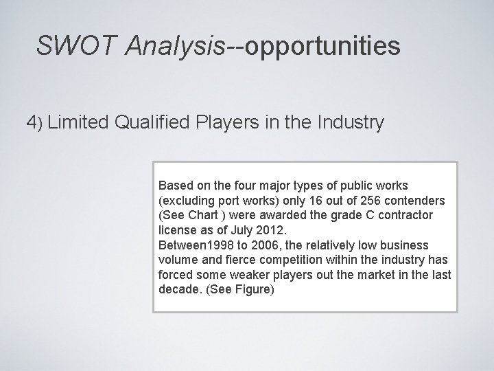 SWOT Analysis--opportunities 4) Limited Qualified Players in the Industry Based on the four major