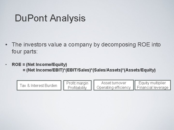 Du. Pont Analysis • The investors value a company by decomposing ROE into four