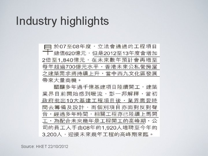 Industry highlights Source: HKET 22/10/2012 