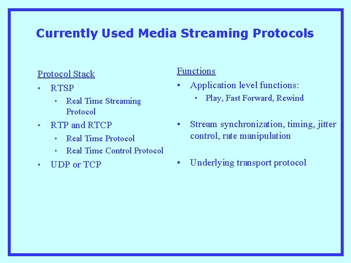 Currently Used Media Streaming Protocols Protocol Stack • RTSP • • RTP and RTCP