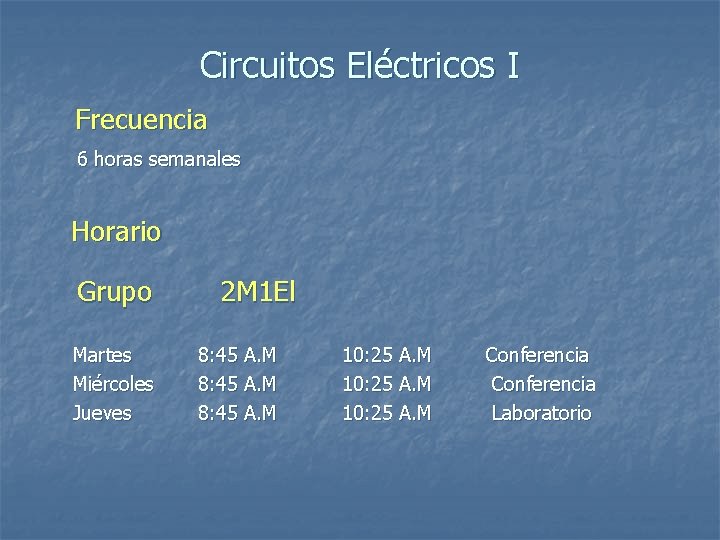 Circuitos Eléctricos I Frecuencia 6 horas semanales Horario Grupo Martes Miércoles Jueves 2 M