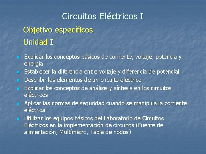 Circuitos Eléctricos I Objetivo específicos Unidad I n n n Explicar los conceptos básicos